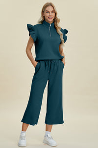 Thumbnail for Double Take Full Size Texture Ruffle Short Sleeve Top and Wide Leg Pants Set