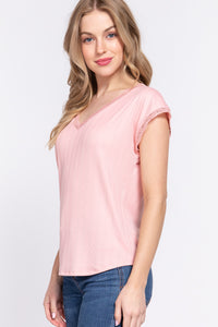 Thumbnail for ACTIVE BASIC Lace Trim V-Neck Short Sleeve Ribbed Top