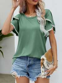 Thumbnail for Pom-Pom Trim Flutter Sleeve Round Neck T-Shirt