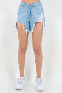 Thumbnail for American Bazi High Waist Fringed Hem Denim Shorts