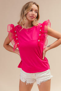 Thumbnail for BiBi Pearl Decor Mesh Ruffle Sleeve Top