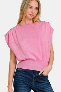 Thumbnail for Zenana Washed Boat Neck Bottom Banded Dolman Sleeve Top