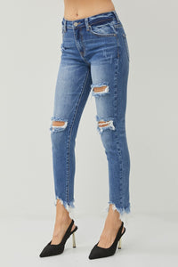 Thumbnail for RISEN Distressed Frayed Hem Slim Jeans