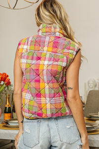 Thumbnail for BiBi Quilted Washed Plaid Snap Down Vest