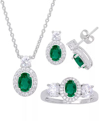 Thumbnail for Simulated Emerald Oval Halo 3 Piece, Pendant, Earrings and Ring, Set in Silver Plate