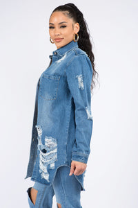 Thumbnail for American Bazi Distressed Button Down Denim Shirt Jacket