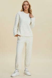 Thumbnail for Double Take Full Size Texture Round Neck Long Sleeve Top and Pants Set