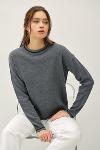 Thumbnail for Be Cool Striped Trim Round Neck Long Sleeve Sweater