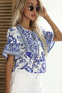 Thumbnail for Perfee Printed Buttoned Flounce Sleeve Blouse