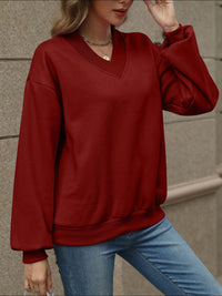 Thumbnail for V-Neck Long Sleeve Dropped Shoulder Sweatshirt