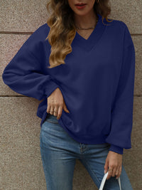 Thumbnail for V-Neck Long Sleeve Dropped Shoulder Sweatshirt