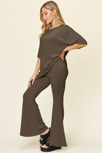 Thumbnail for Double Take Full Size Round Neck Drop Shoulder T-Shirt and Flare Pants Set