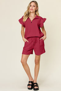 Thumbnail for Double Take Full Size Texture Flounce Sleeve Top and Drawstring Shorts Set