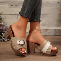 Thumbnail for Buckle Trim Block Heel Sandals