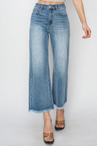 Thumbnail for RISEN Raw Hem Cropped Wide Leg Jeans