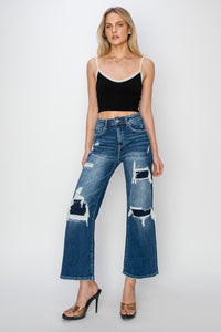 Thumbnail for Risen Full Size High Rise Patch Detailed Wide Leg Crop Jeans