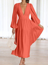 Thumbnail for Deep V-Neck Balloon Sleeve Plain Maxi Dress