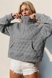 Thumbnail for Double Take Half Zip Long Sleeve Quilted Sweatshirt with Pocket