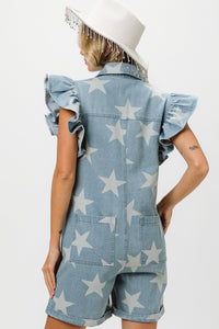 Thumbnail for BiBi Ruffled Star Half Zip Denim Romper