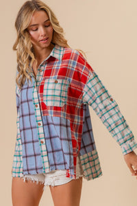 Thumbnail for BiBi Color Block Plaid Button Down Shirt