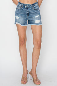 Thumbnail for RISEN Stepped Waist Frayed Denim Shorts