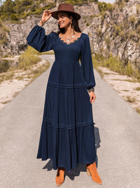 Thumbnail for Long Sleeve Lace Trim Maxi Dress