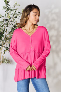 Thumbnail for Double Take Half Button Long Sleeve Ruffle Hem Blouse