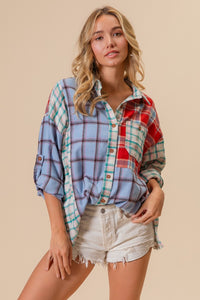 Thumbnail for BiBi Color Block Plaid Button Down Shirt