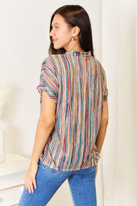 Thumbnail for Shiny Multicolored Stripe Notched Neck Top