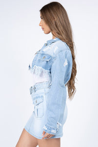 Thumbnail for American Bazi Distressed Denim Jacket with Frayed Hem