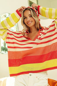 Thumbnail for BiBi Striped Color Block Hooded Knit Top