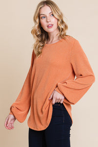 Thumbnail for BOMBOM Long Sleeve Curved Hem Ribbed T-Shirt