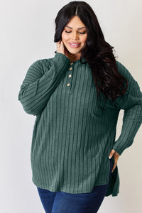 Thumbnail for Basic Bae Full Size Ribbed Half Button Long Sleeve High-Low T-Shirt