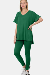 Thumbnail for Zenana V-Neck Rolled Short Sleeve T-Shirt and Leggings Lounge Set