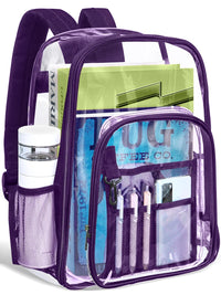 Thumbnail for Clear Backpack Heavy Duty Stadium Approved PVC Transparent Backpacks for Kids Adults Clear School Bookbag with Reinforced Strap for School, Travel, Purple