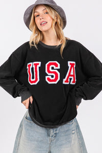 Thumbnail for SAGE + FIG USA Letter Patch Round Neck Sweatshirt