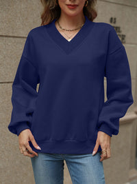 Thumbnail for V-Neck Long Sleeve Dropped Shoulder Sweatshirt