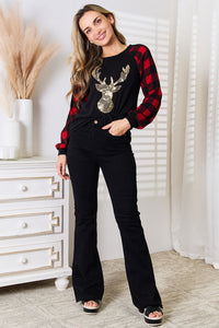 Thumbnail for Heimish Full Size Sequin Reindeer Graphic Plaid Top