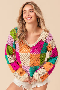 Thumbnail for BiBi Multi Color Checkered Long Sleeve Knit Top