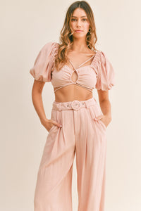 Thumbnail for MABLE Cut Out Drawstring Crop Top and Belted Pants Set