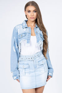 Thumbnail for American Bazi Distressed Denim Jacket with Frayed Hem