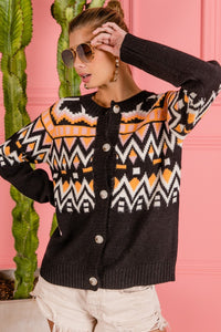 Thumbnail for BiBi Ethnic Pattern Button Up Knit Cardigan