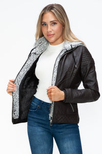 Thumbnail for YMI Faux Layered Double-Zipper Jacket with Fuzzy Hood