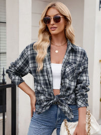 Thumbnail for Mandy Pocketed Plaid Collared Neck Long Sleeve Shirt