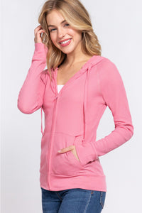 Thumbnail for ACTIVE BASIC Waffle Knit Drawstring Zip Up Long Sleeve Hoodie