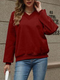 Thumbnail for V-Neck Long Sleeve Dropped Shoulder Sweatshirt