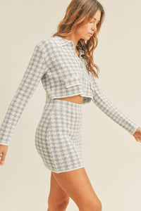 Thumbnail for MABLE Houndstooth Cropped Knit Cardigan and Mini Skirt Set