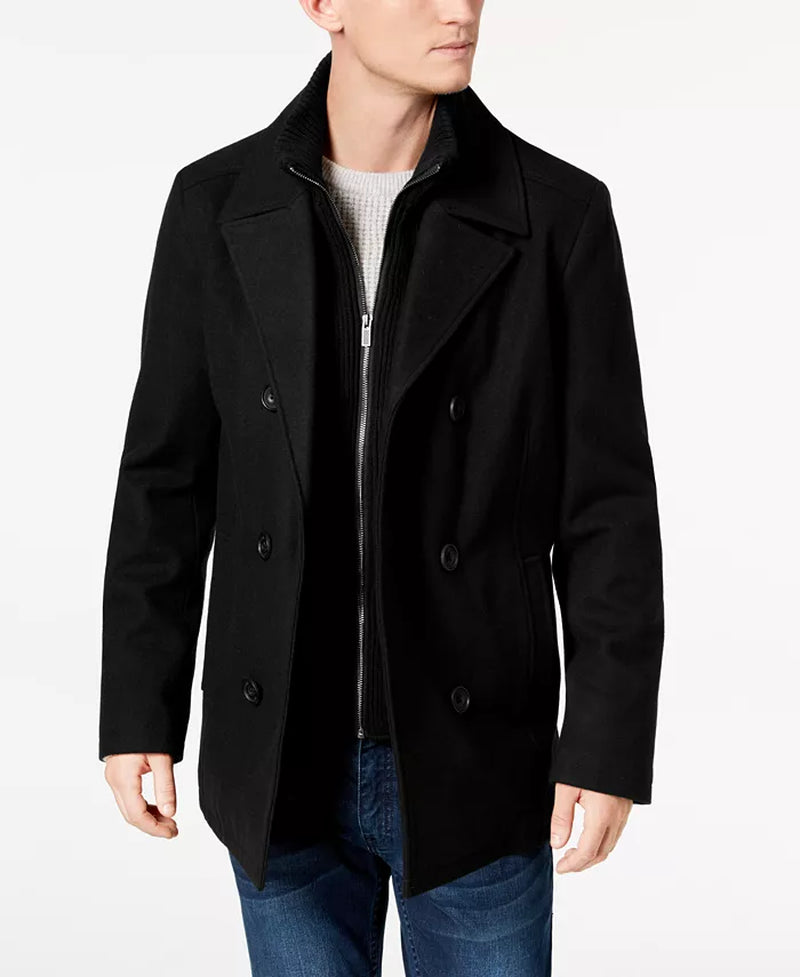 Men'S Double Breasted Wool Blend Peacoat with Bib