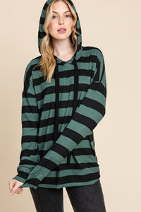 Thumbnail for BOMBOM Drawstring Striped Dropped Shoulder Hoodie