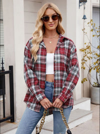 Thumbnail for Mandy Pocketed Plaid Collared Neck Long Sleeve Shirt